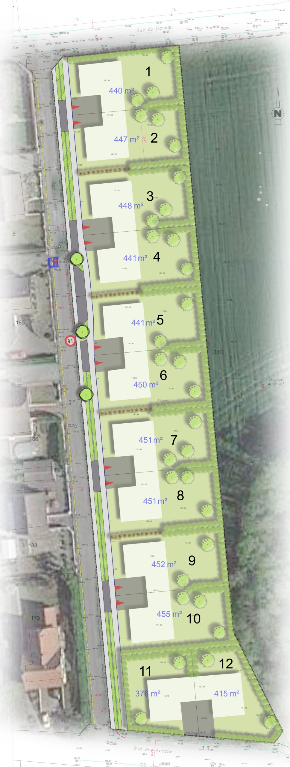 Plan d'implantation de la noue et du nouveau quartier